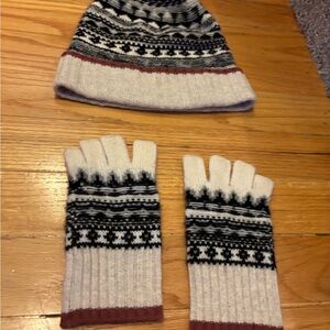 White + Warren Black and Cream Knit Hat and Gloves Set